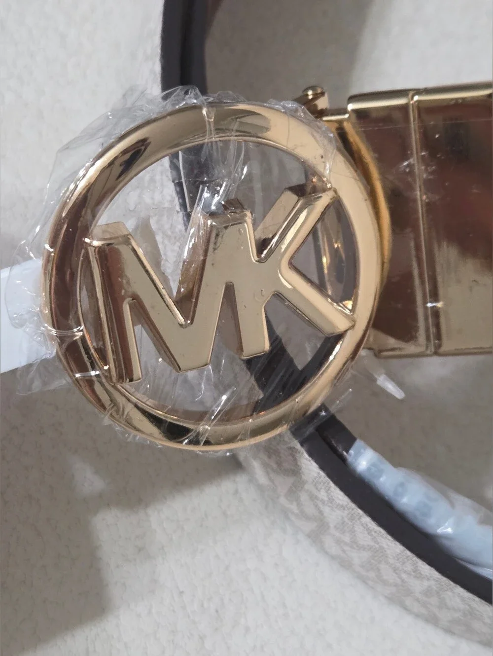 Michael Kors Beige Monogram Reversible Belt with Gold MK Buckle